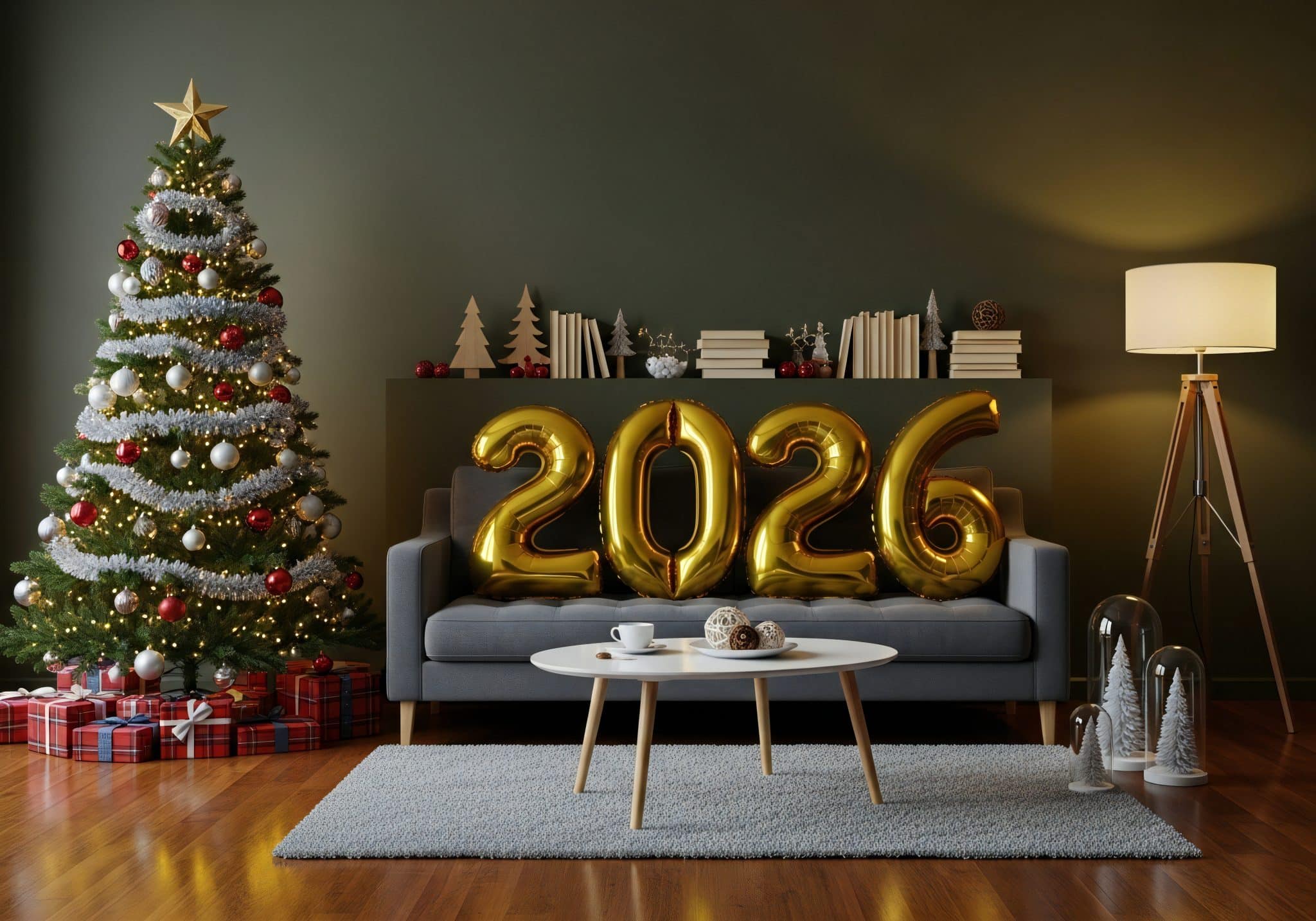 Calm living room interior styled for Christmas to New Year with a decorated tree, sofa, and gold 2026 balloons, reflecting a relaxed, well-designed home.