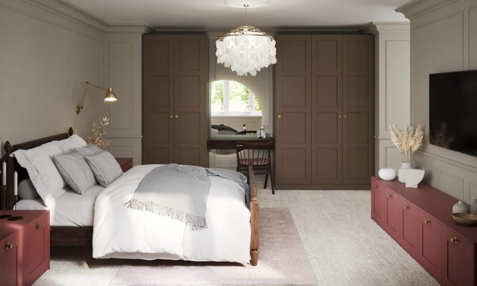 Small bedroom design with fitted wardrobes, dressing area and neutral tones creating a calm and spacious feel